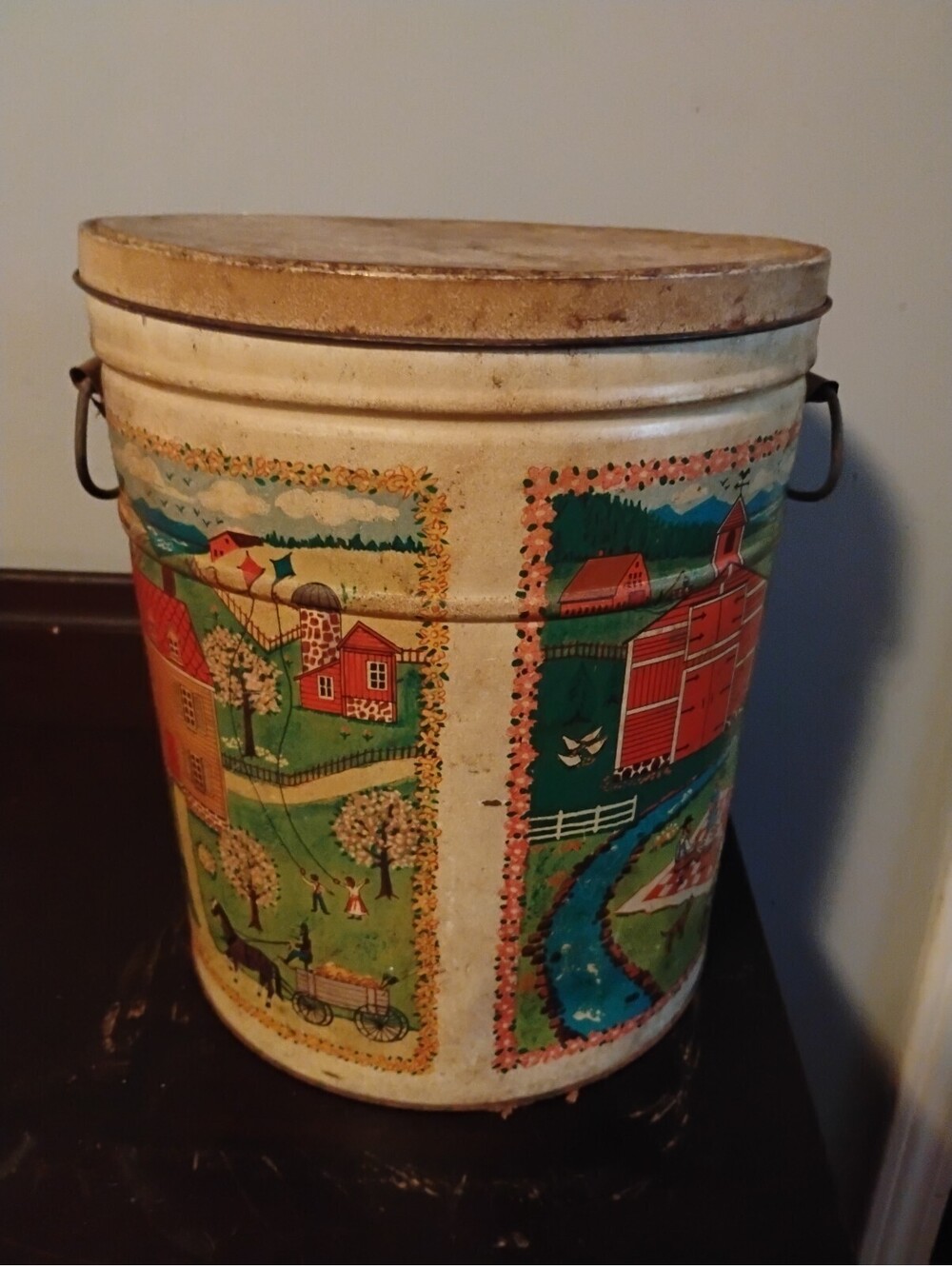 Vintage Decorative Metal Farm Scene Bucket with Lid